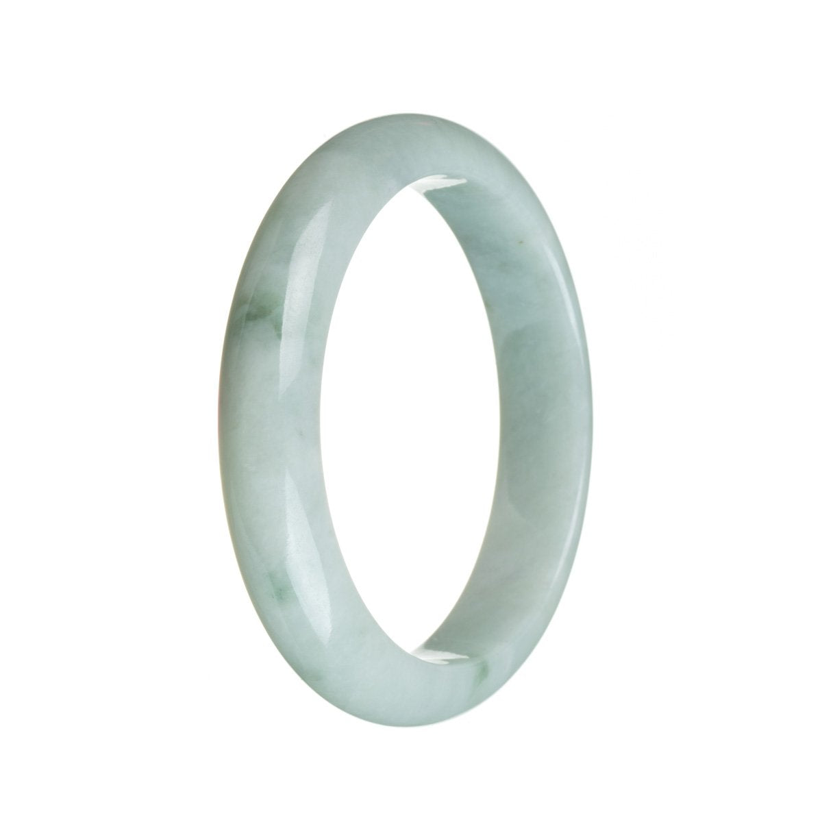 A pale green jadeite jade bracelet with a half moon shape, crafted with authentic Grade A jade. Expertly designed by MAYS GEMS.