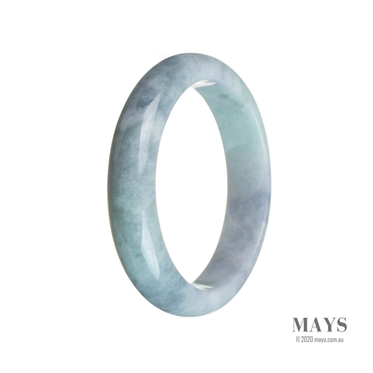 A lavender and grey traditional jade bangle with a half moon shape, grade A quality, from Mays Gems.