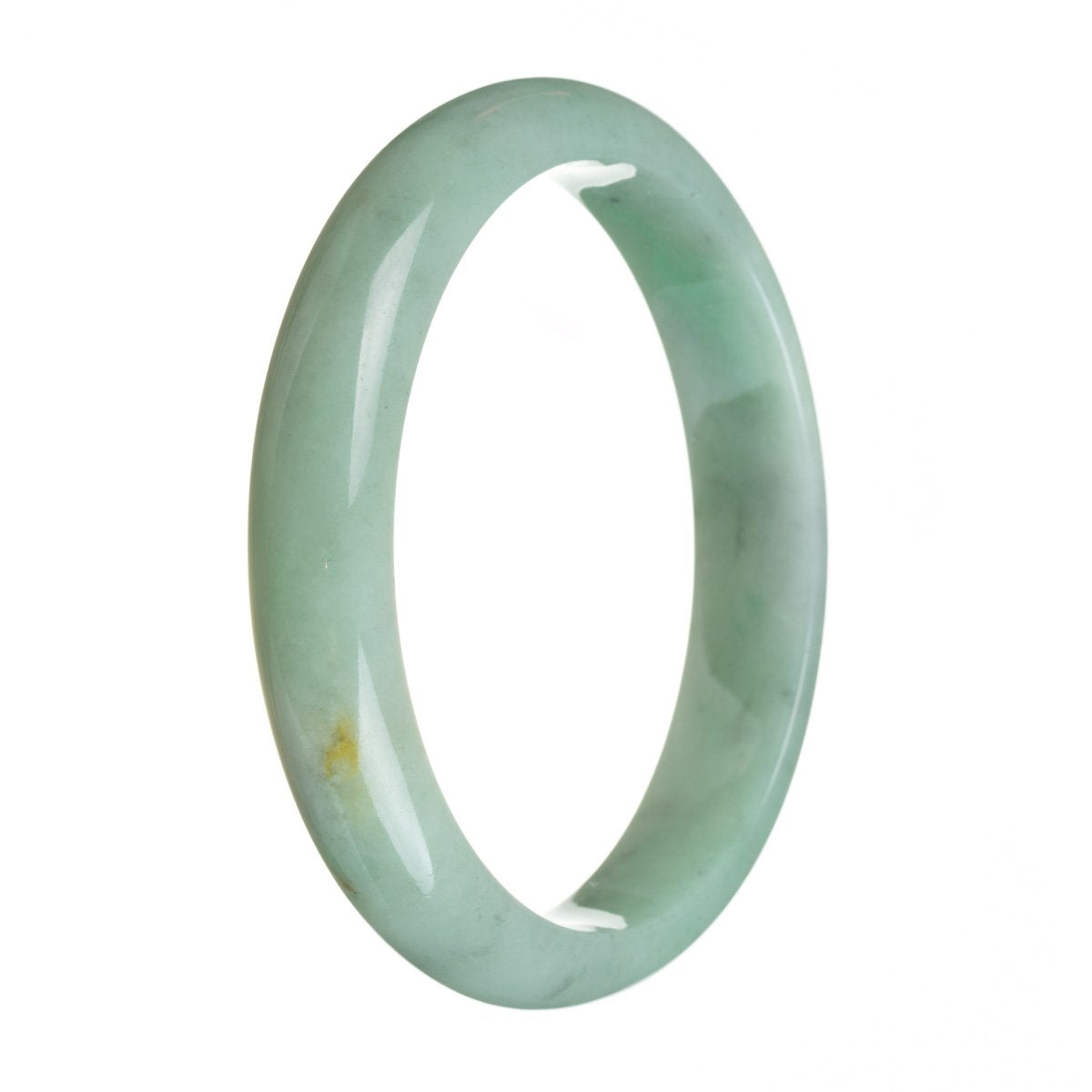 A close-up photo of an elegant light green jade bangle bracelet with a half-moon shape. The bracelet is made from Grade A authentic jadeite jade and measures 83mm in diameter. It is a beautifully crafted piece of jewelry by MAYS™.