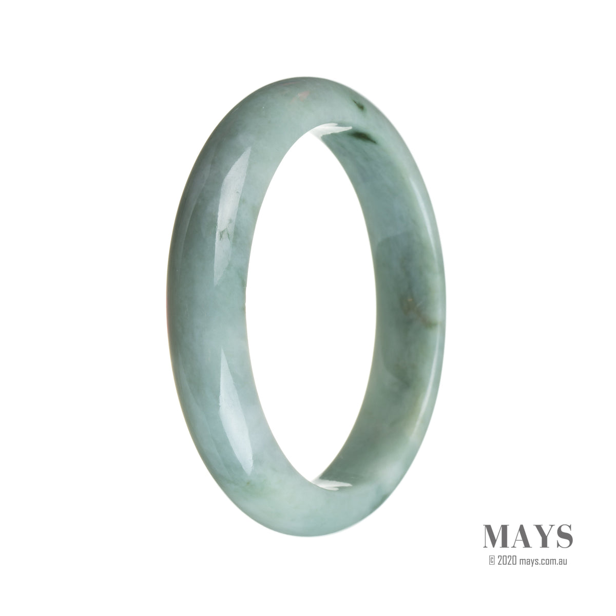 A pale green Burmese jade bangle bracelet with a semi-round shape, measuring 59mm in size.