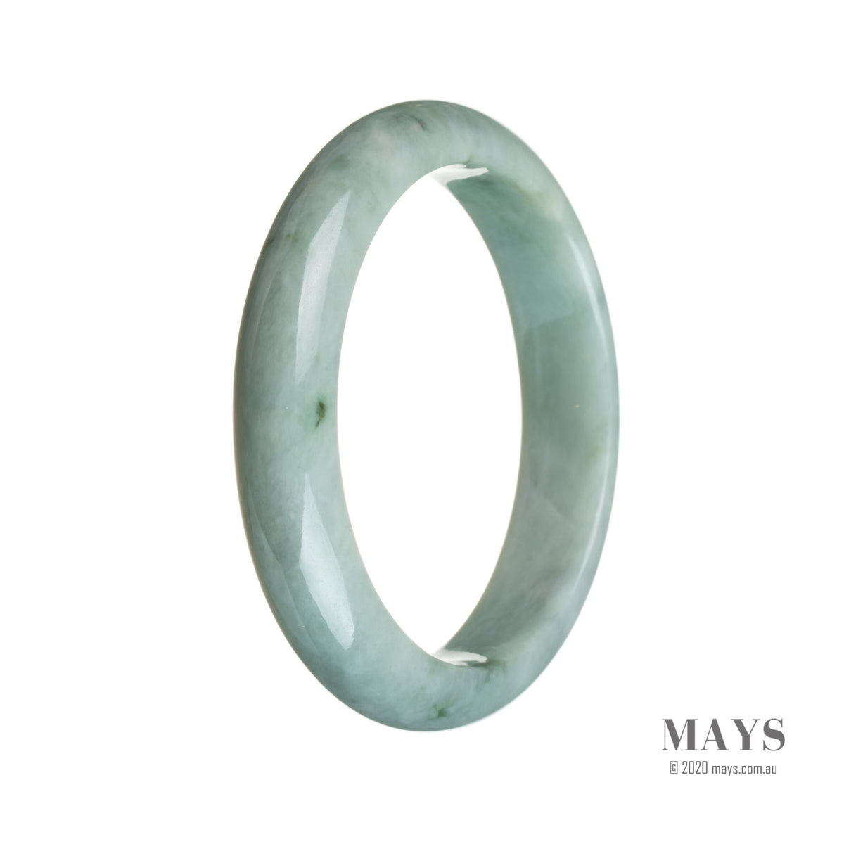 An elegant pale green jade bracelet with a semi-round shape, measuring 59mm in size. Crafted with authentic Grade A jade, this bracelet is a stunning addition to any jewelry collection. From MAYS GEMS.