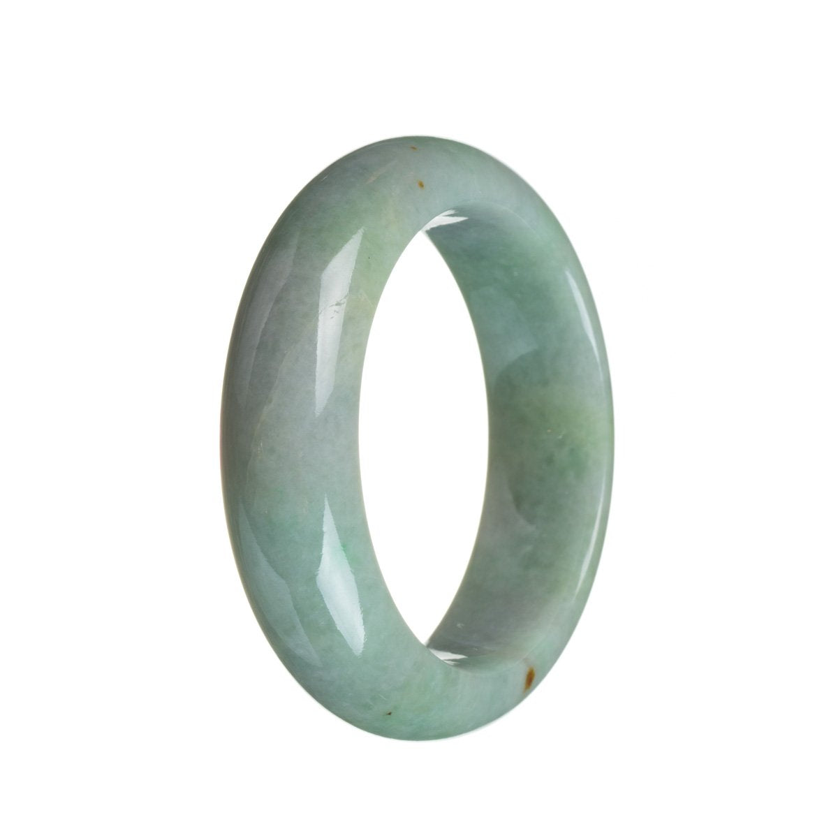 A close-up image of a light green jade bangle with a half-moon shape, measuring 53mm in diameter. The bangle is certified as Type A jade and is from the brand MAYS.