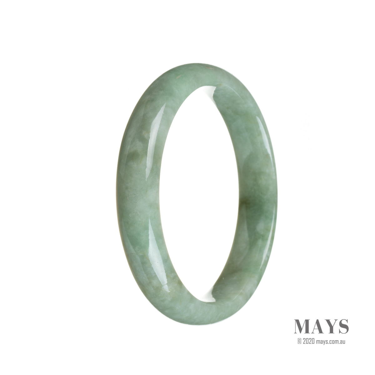 A close-up image of a delicate green bracelet made of certified natural light green Burma Jade. The bracelet features semi-round beads measuring 56mm in diameter. Created by MAYS GEMS.