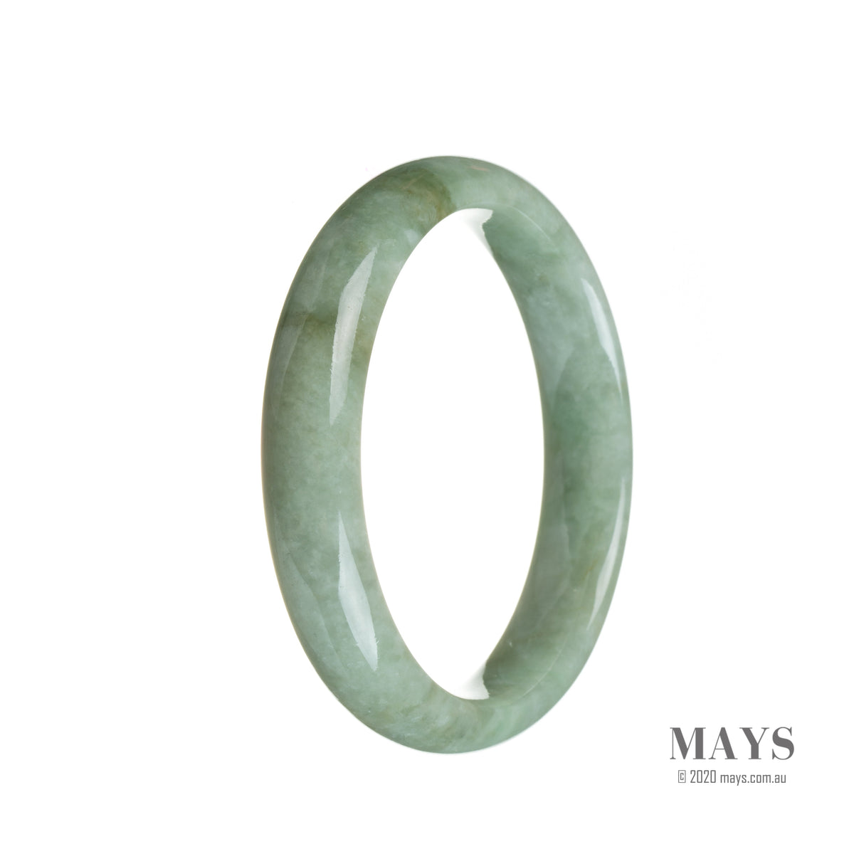 A light green, semi-round jadeite bangle with authentic Grade A quality, measuring 56mm in diameter. Perfect for adding a touch of elegance to any outfit.