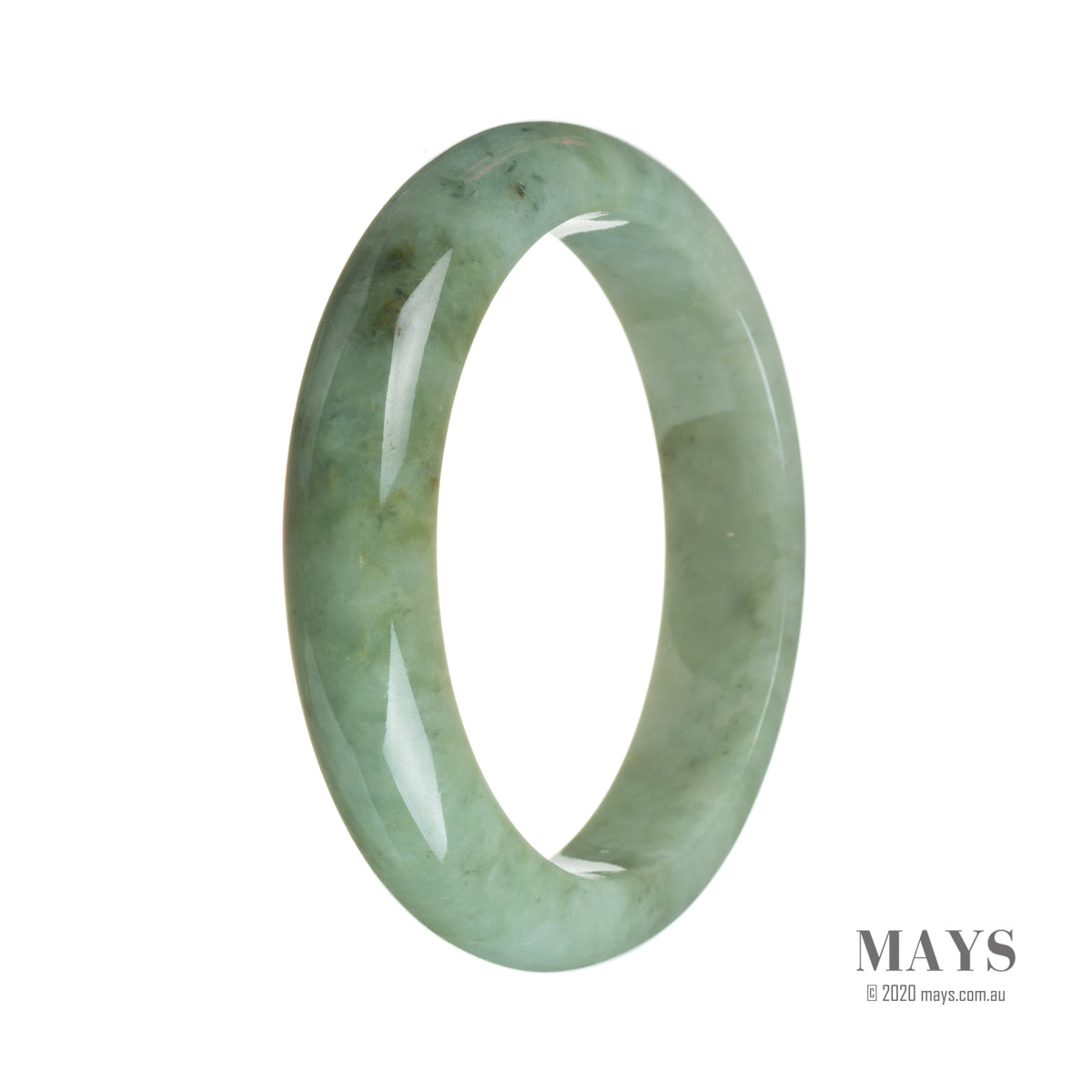 A light green traditional jade bangle bracelet, certified Type A, with a semi-round shape and a diameter of 60mm. Sold by MAYS.