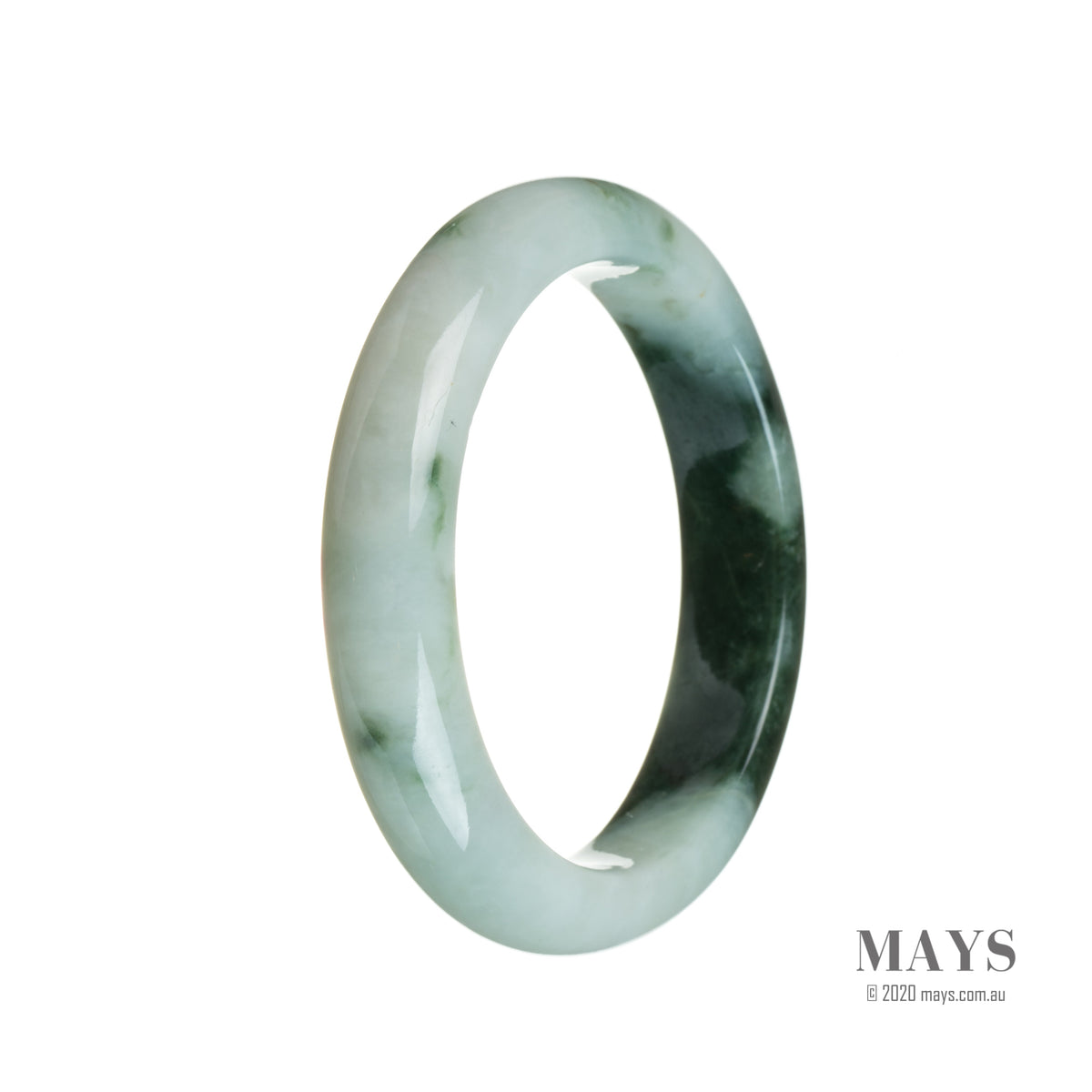 A close-up image of a semi-round Burma Jade bangle with a genuine natural green pattern on a white background. The bangle has a diameter of 55mm and is a product of the brand MAYS™.