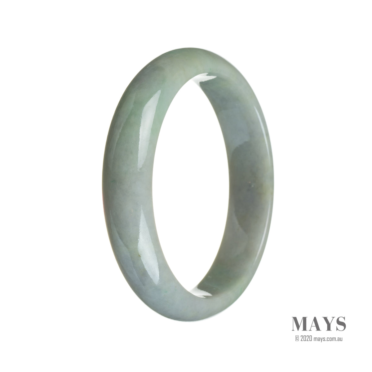 A close-up image of a beautiful green on white jade bangle bracelet, with a half moon shape, showcasing its genuine Grade A quality. Perfect for adding a touch of elegance to any outfit.