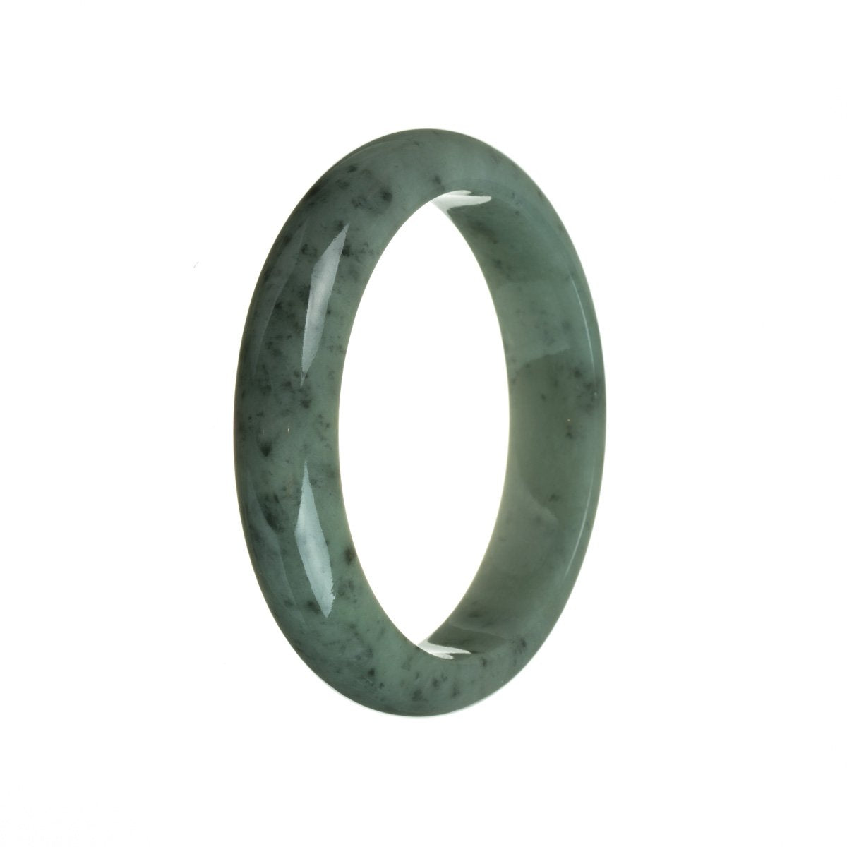 A close-up image of an exquisite jade bracelet made from Grade A Green Jadeite Jade. The bracelet features a semi-round shape with a diameter of 59mm. The jade stone has a vibrant green color and a smooth, polished surface. The bracelet is a product of MAYS™, known for their authentic and high-quality jade jewelry.