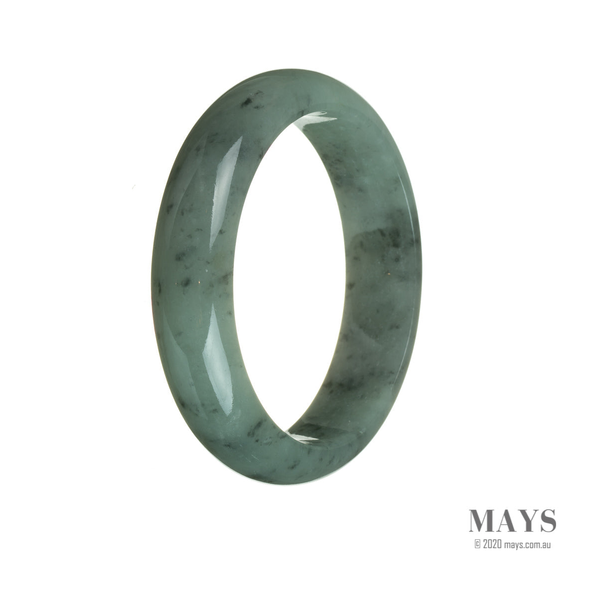 A close-up image of a traditional jade bracelet in a semi-round shape. The bracelet is made from genuine Type A grey jade and measures 59mm in size. The bracelet is designed by MAYS™.