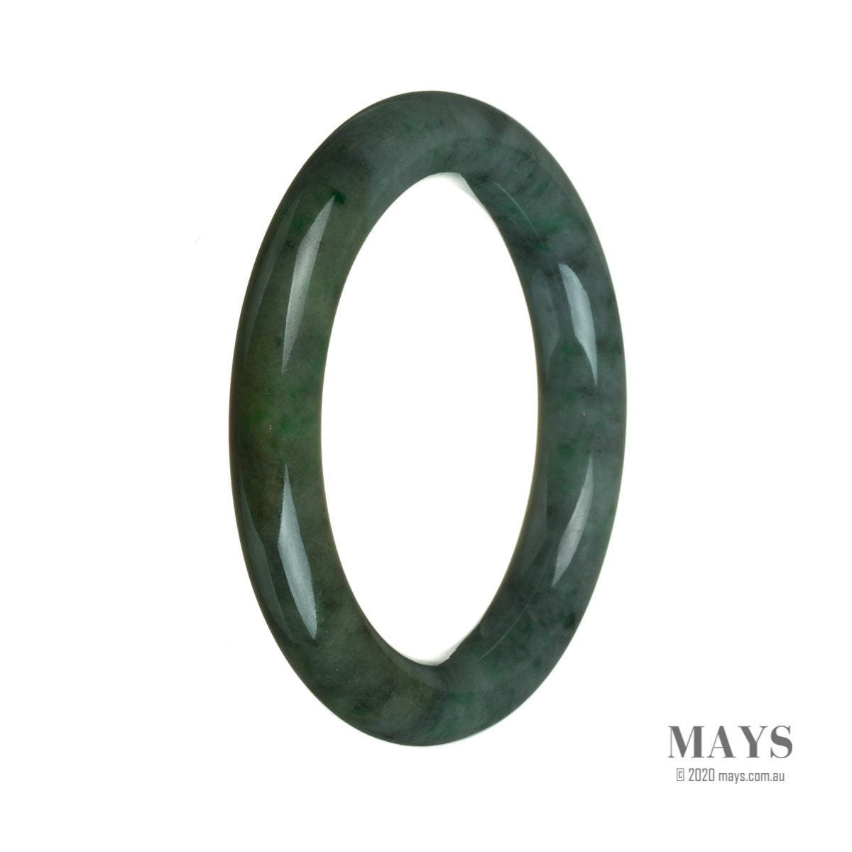 A close-up photo of a round, deep green Burmese jade bracelet with a smooth, polished surface and a diameter of 61mm. The bracelet has an authentic, natural look and is beautifully crafted.