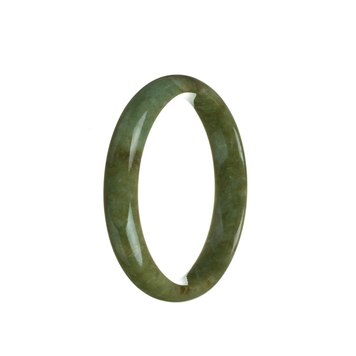 A half-moon shaped bracelet made of natural, untreated brownish green jadeite measuring 57mm. Exquisite craftsmanship by MAYS GEMS.