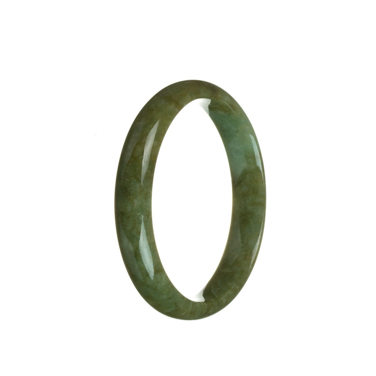 A close-up image of a real grade A brownish green jade bangle bracelet. It features a half-moon shape and has a diameter of 57mm. This bracelet is from the brand MAYS.