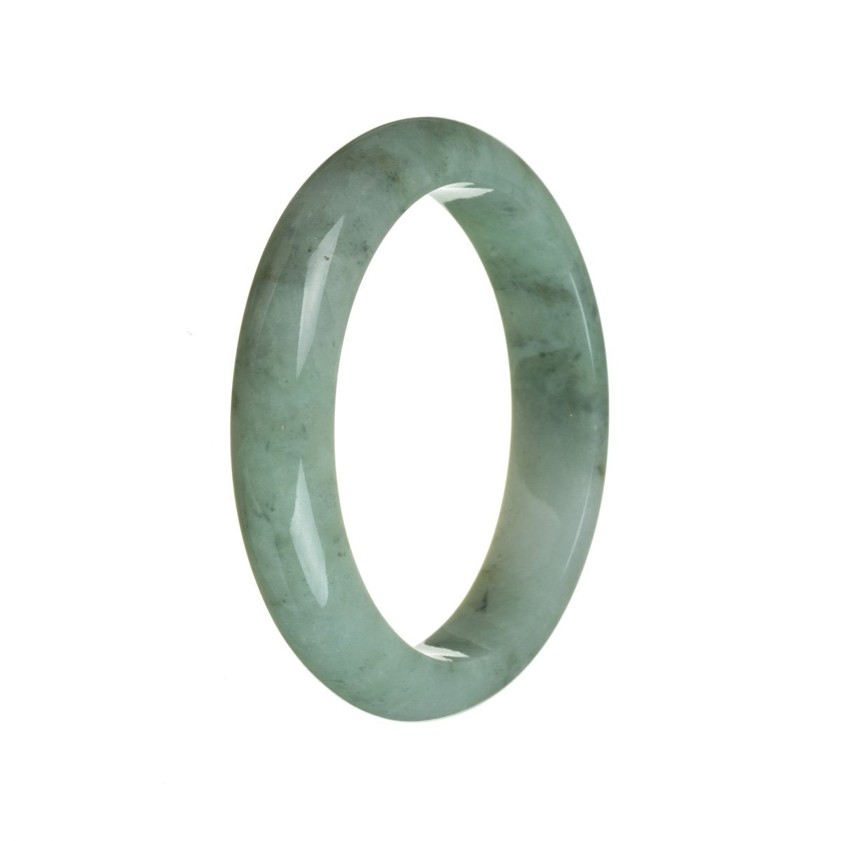 A beautiful green jade bangle with a traditional design and a semi-round shape, measuring 60mm in diameter. Perfect for adding a touch of elegance to any outfit.