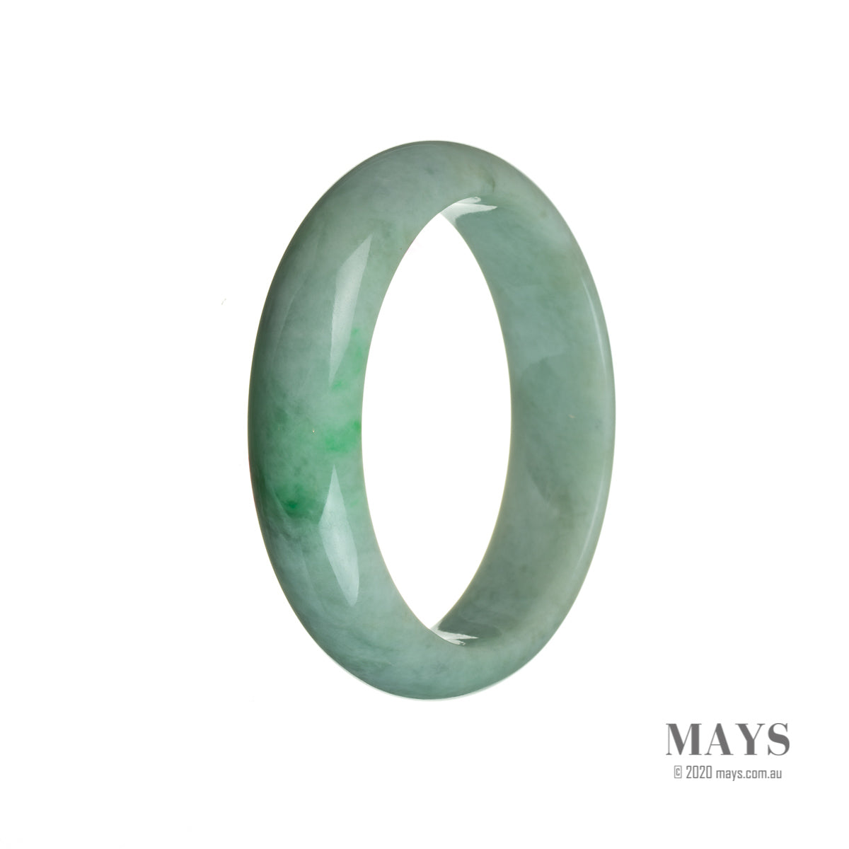 A stunning bangle bracelet made from genuine Grade A emerald green on pale green Burmese jade, measuring 55mm in a semi-round shape. The intricate design of the bracelet adds to its elegance.