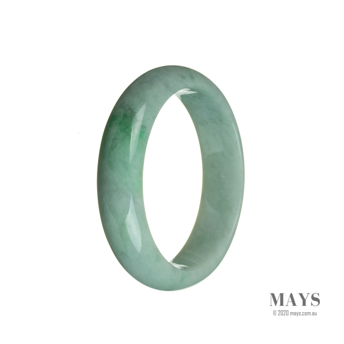 Image of a stunning jade bangle with vibrant emerald green color on a pale green backdrop. Crafted from authentic Grade A Burma jade, the bangle is semi-round in shape and measures 55mm. Created by MAYS™.