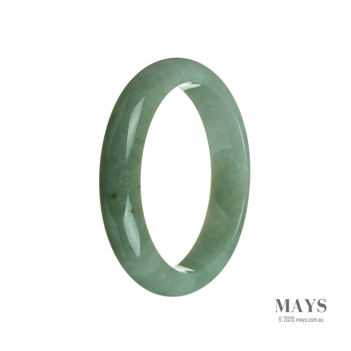A high-quality green jadeite bangle with a semi-round shape, measuring 58mm in diameter.