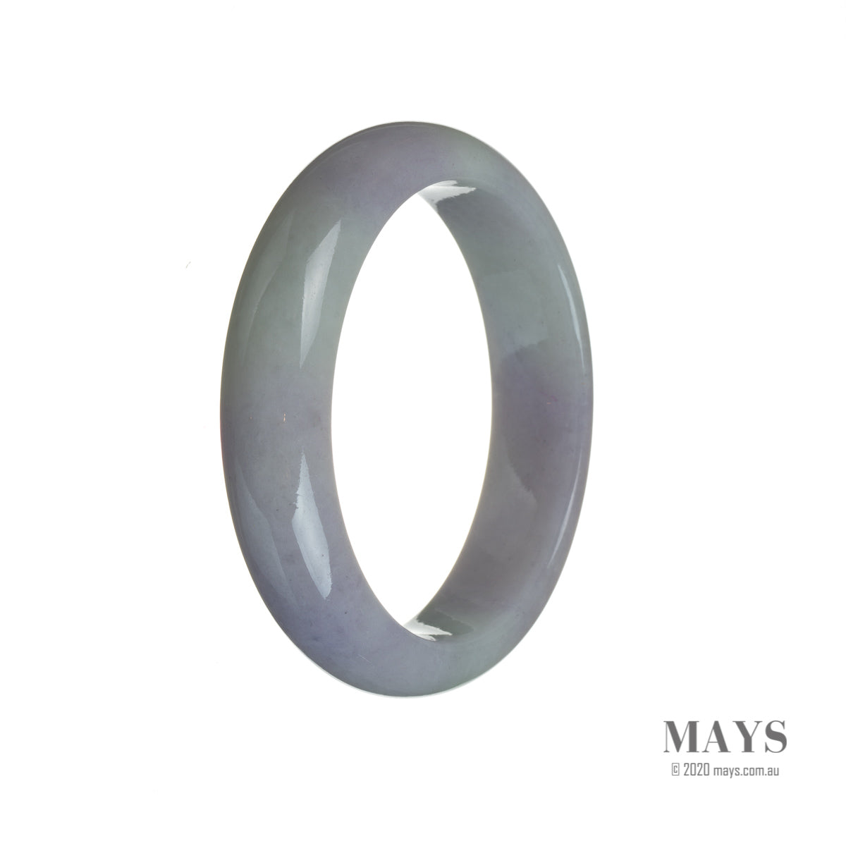 A close-up image of a lavender-colored Burmese jade bangle bracelet. The bracelet is semi-round in shape and has a smooth, polished surface. It measures 57mm in diameter. The bracelet exudes an authentic and natural aesthetic, showcasing the beauty of the lavender jade stone. The brand name "MAYS™" is mentioned as the maker of this bracelet.