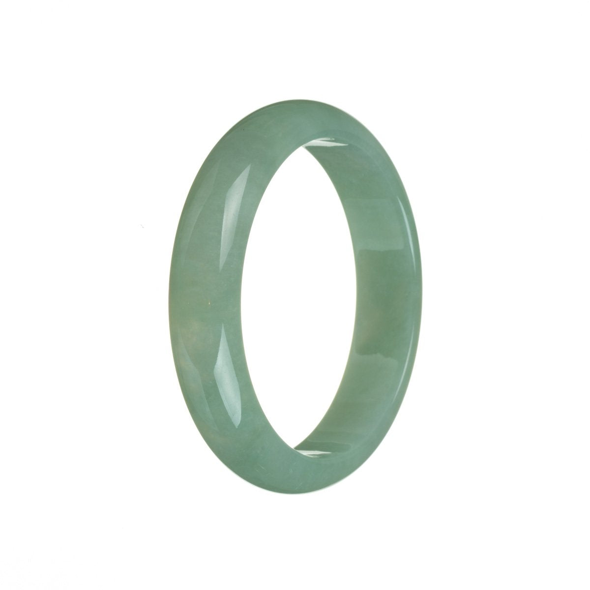 A close-up image of a genuine Type A green traditional jade bracelet. The bracelet is 58mm in size and has a semi-round shape. It is being sold by MAYS GEMS.