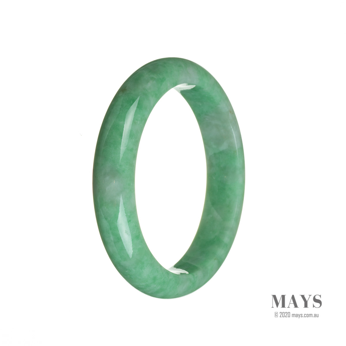 A close-up photo of a vibrant green jade bracelet with a semi-round shape, measuring 58mm in diameter. The bracelet is made of genuine Grade A jadeite jade and is being sold by MAYS GEMS.