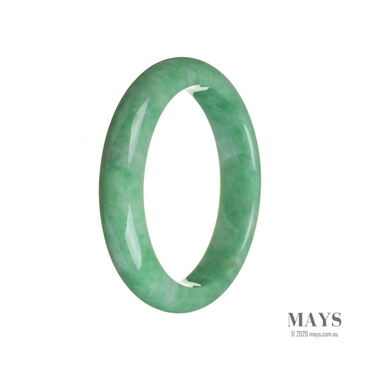 A bright green certified Grade A jade bangle bracelet, semi-round in shape, with a diameter of 58mm.