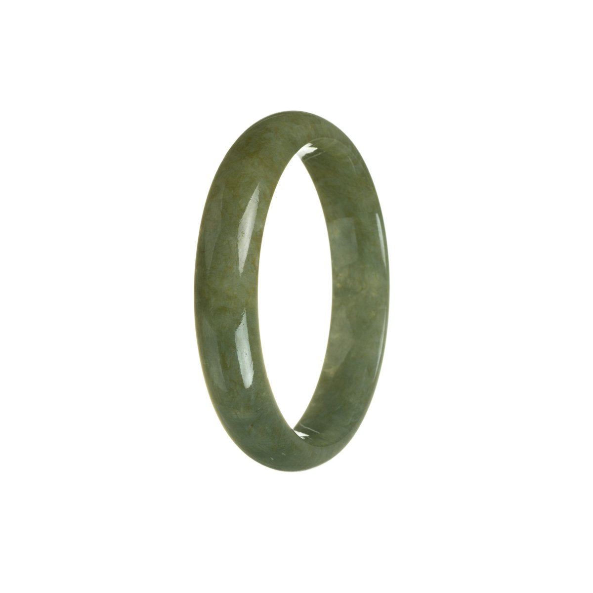 A half moon-shaped Burmese jade bangle in an authentic grade A brownish green hue from MAYS GEMS.