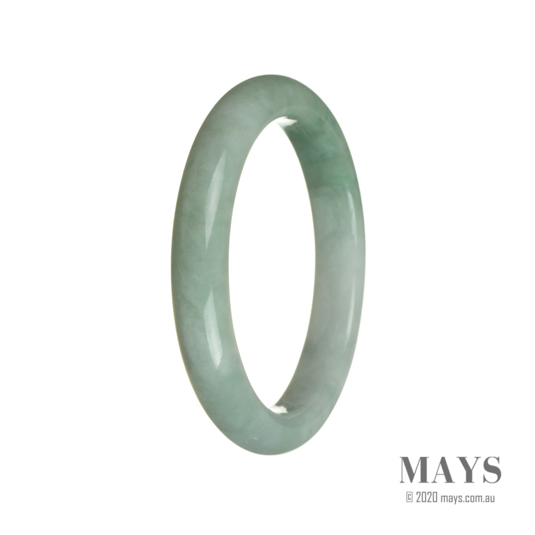 A close-up photo of a semi-round, untreated green with white jadeite bracelet. The bracelet has a smooth, polished surface and measures 63mm in diameter. It features vibrant shades of green and white, showcasing the natural beauty of the jadeite stone.