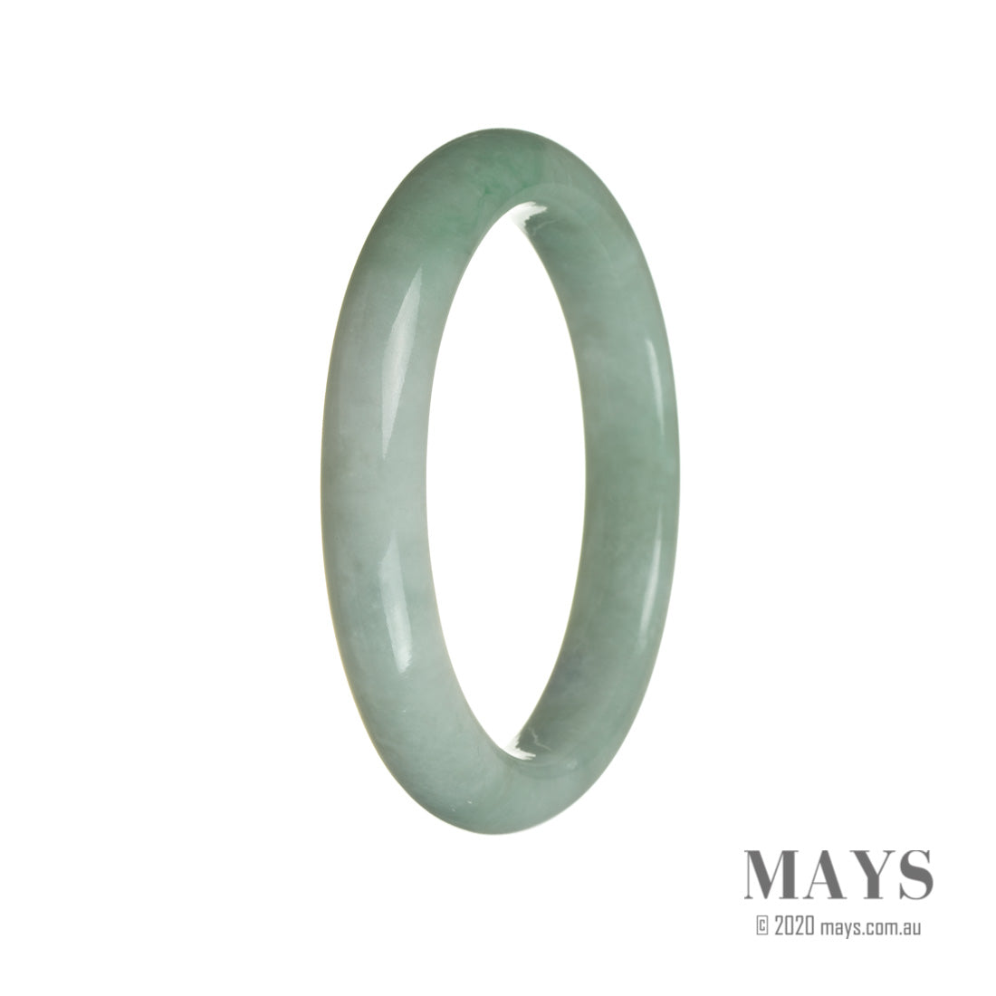 A beautiful green and white Burmese jade bangle bracelet with a semi-round shape, measuring 63mm.