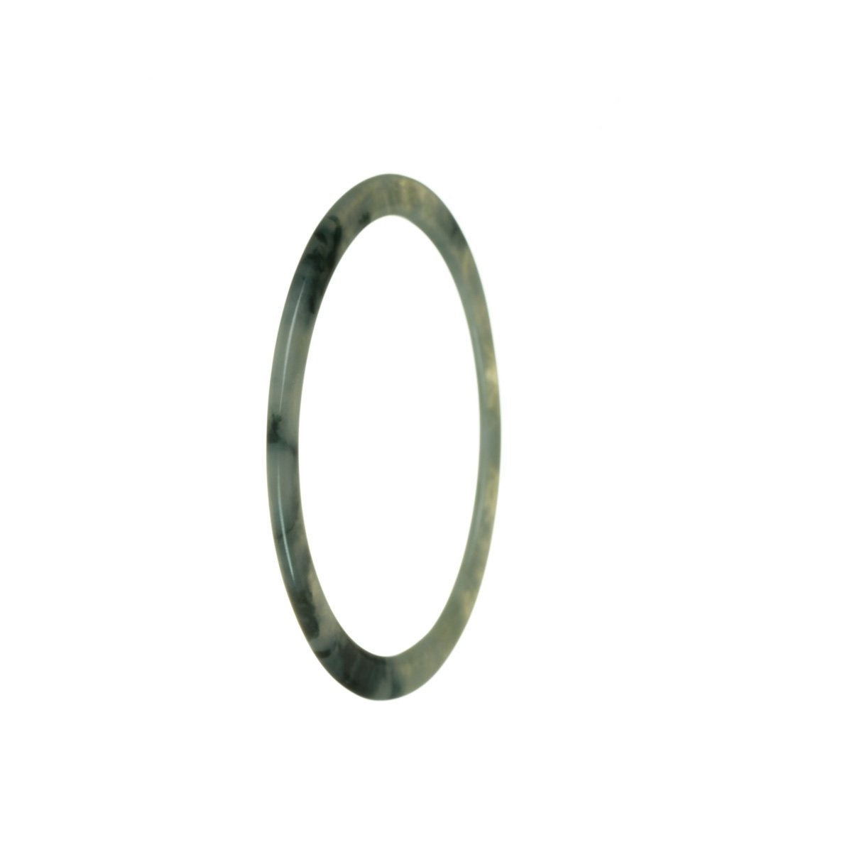 A thin, genuine natural spinach jade bangle bracelet with a traditional design, measuring 58mm in diameter. Crafted by MAYS GEMS.