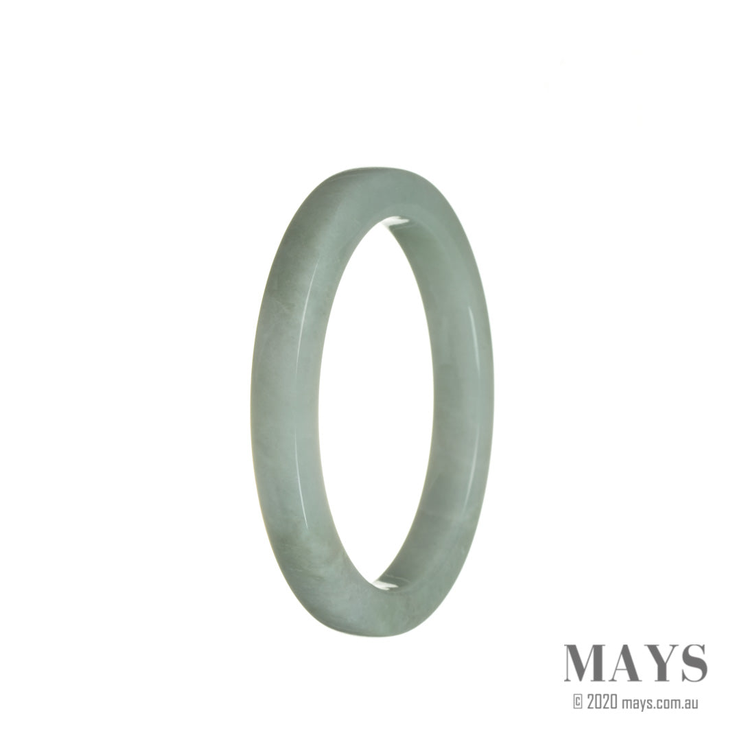 A close-up image of a thin white jade bracelet made of genuine Type A white jadeite jade, measuring 56mm in diameter. The bracelet has a smooth and polished surface, with a delicate and elegant design. It is a beautiful piece of jewelry from MAYS GEMS.