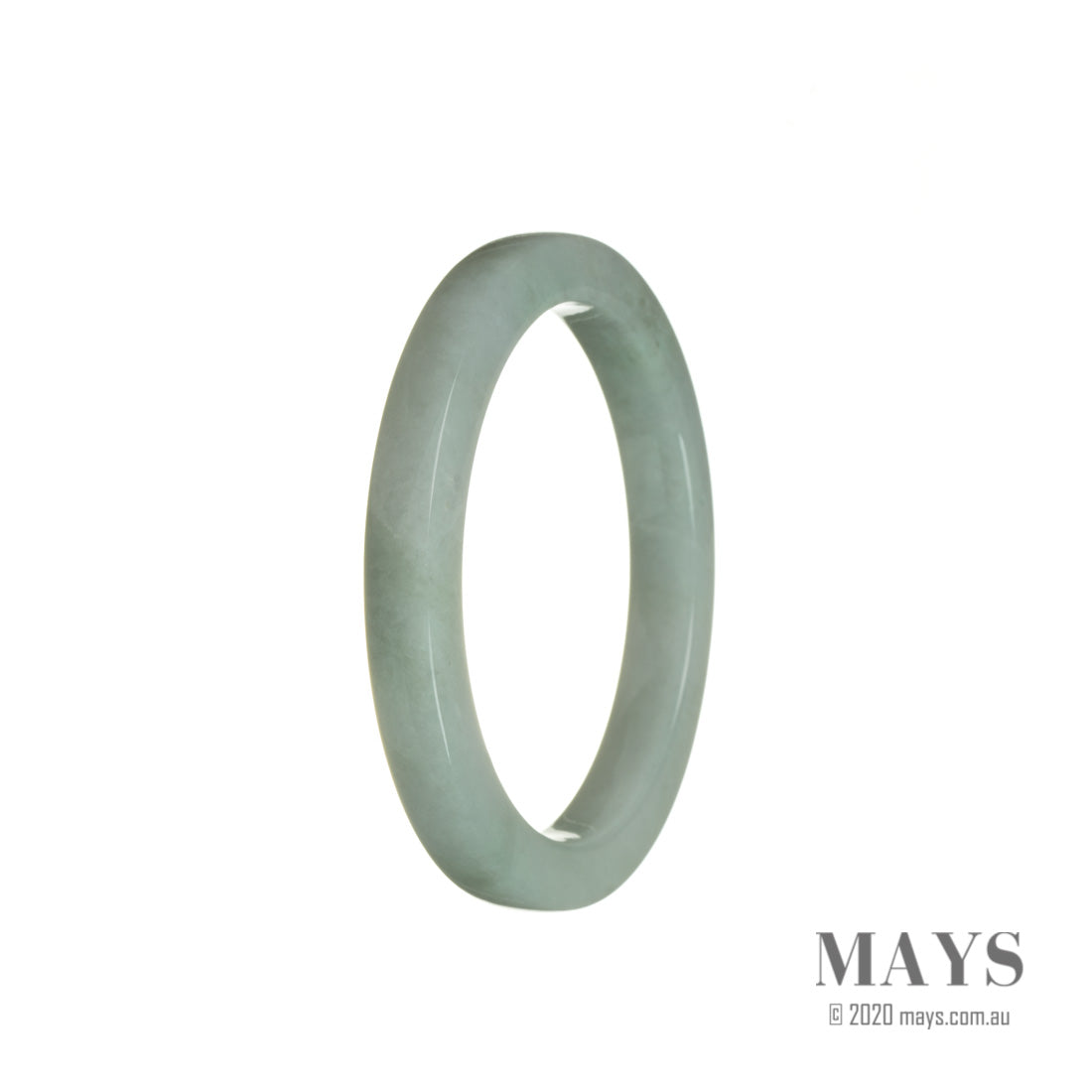 A close-up image of a thin white jadeite bangle bracelet, specifically a real Type A jadeite, with a diameter of 56mm. The bracelet is smooth and polished, showcasing its high-quality and elegant appearance.