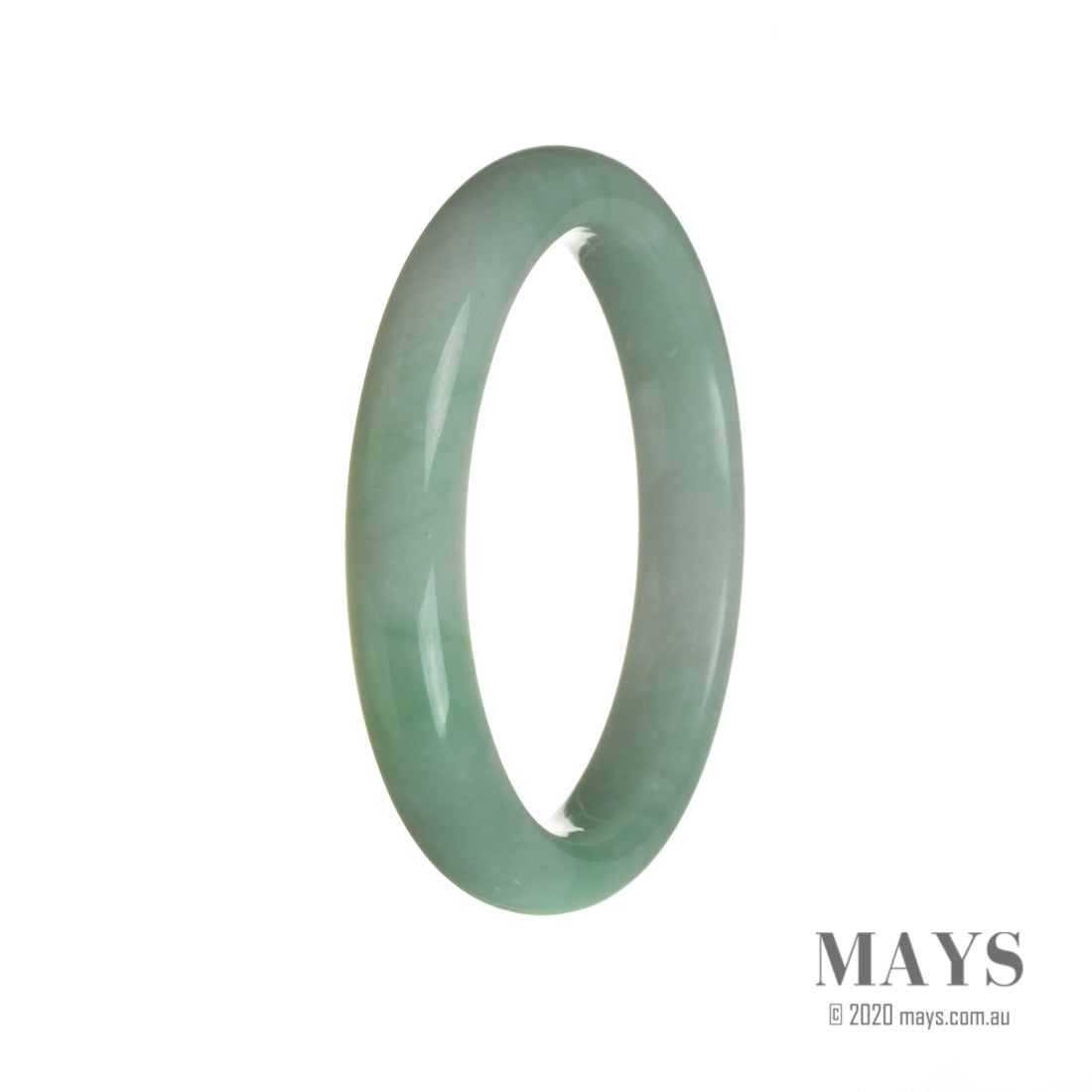 A green and white jadeite bangle with a half-moon shape, made from genuine Grade A jade.