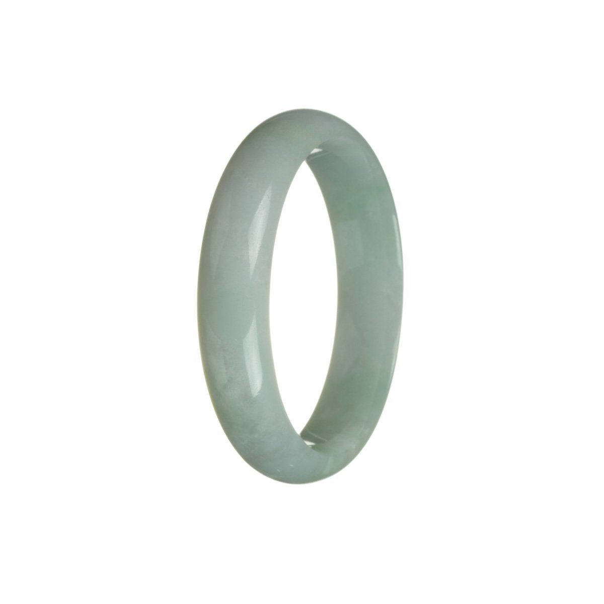 Close-up of a pale lavender jadeite jade bangle with a half moon shape. The bangle is certified Grade A Green and measures 56mm in diameter. Exquisite craftsmanship by MAYS GEMS.