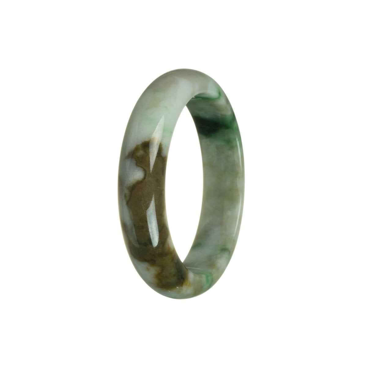Certified Grade A Green with Brown and White Burma Jade Bangle Bracelet - 55mm Half Moon