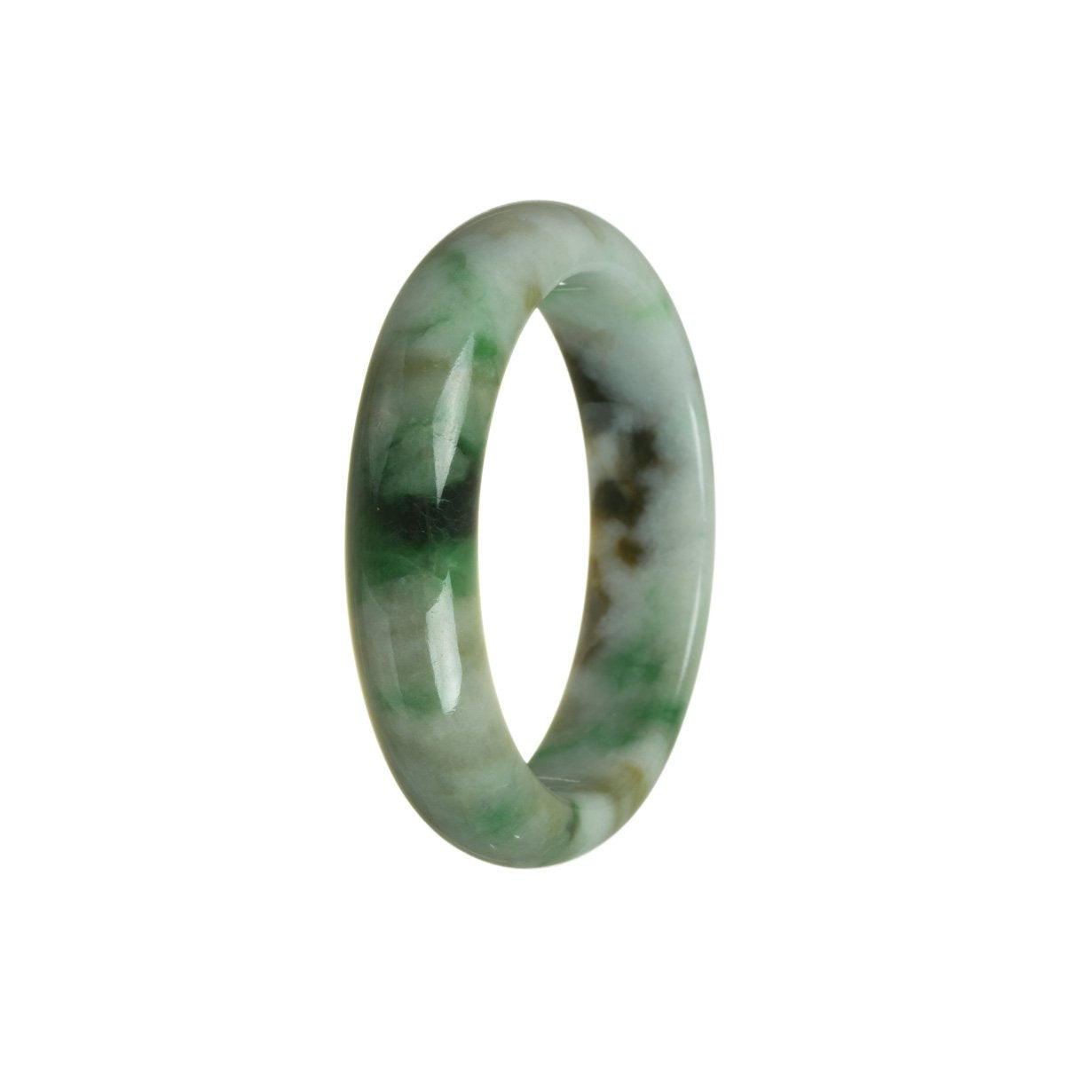 A jade bangle bracelet made of certified Grade A green with brown and white Burma jade. The bracelet has a half moon shape and measures 55mm.