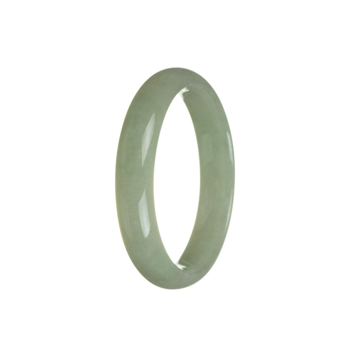 A close-up photo of a beautiful green Burmese jade bracelet with a half moon shape, measuring 57mm in size. The bracelet is made of genuine Grade A jade and shines with natural beauty.