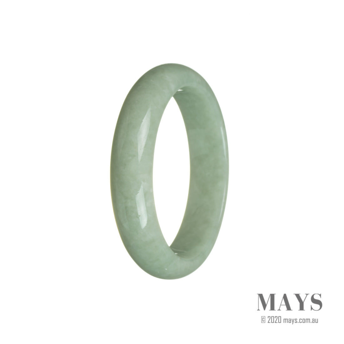 A stunning half moon-shaped jade bracelet made of real, natural green Burma jade. The bracelet measures 55mm in diameter and is a beautiful addition to any jewelry collection.