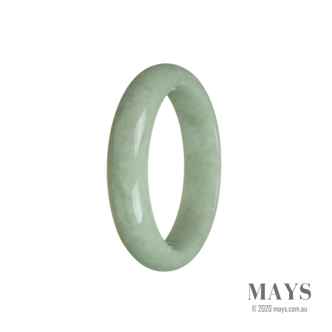 A half moon-shaped green Burmese jade bangle bracelet with authentic and natural characteristics, handcrafted by Mays Gems.