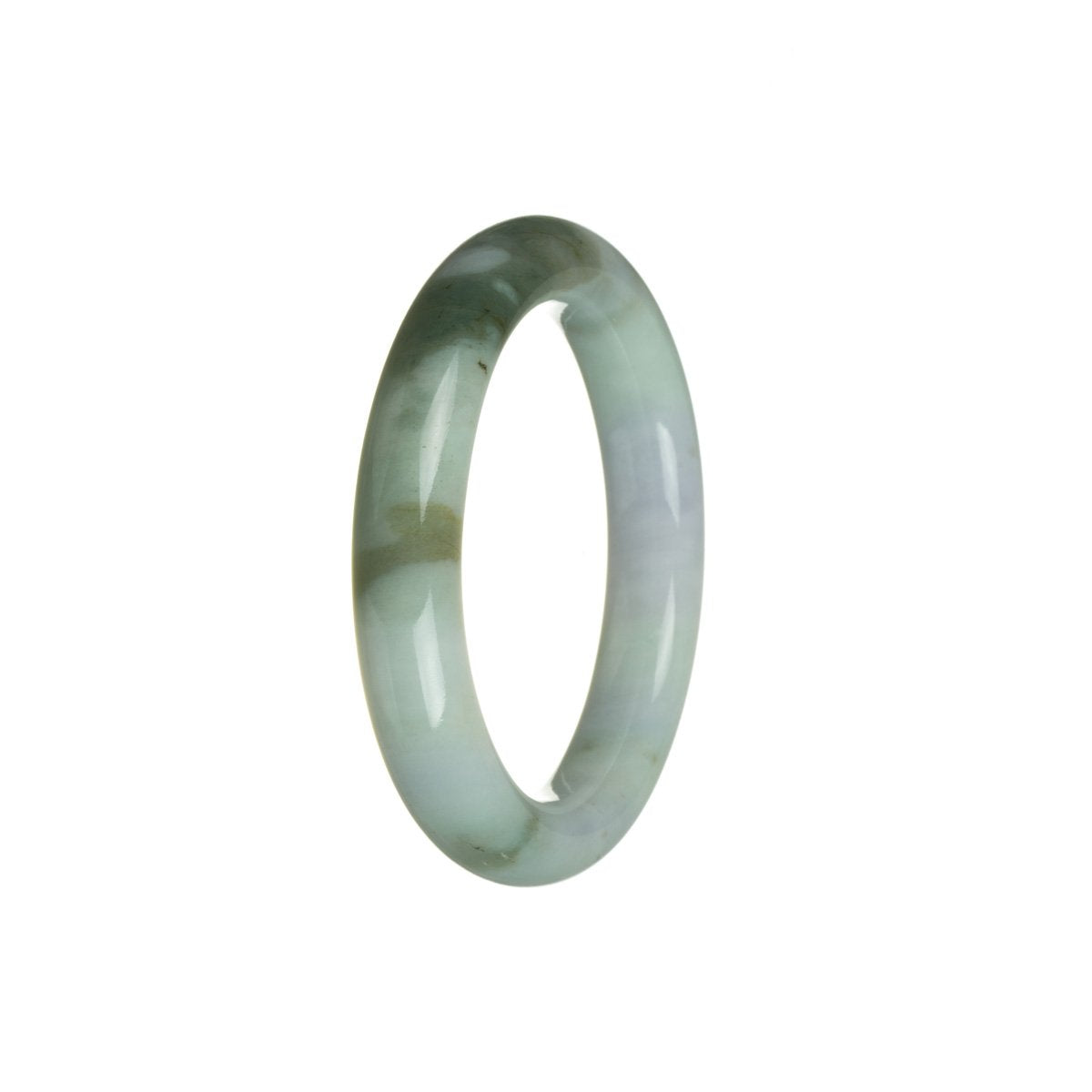 A beautiful jade bangle bracelet with natural green, lavender, and white colors, featuring a semi-round shape. Perfect for adding elegance to any outfit.