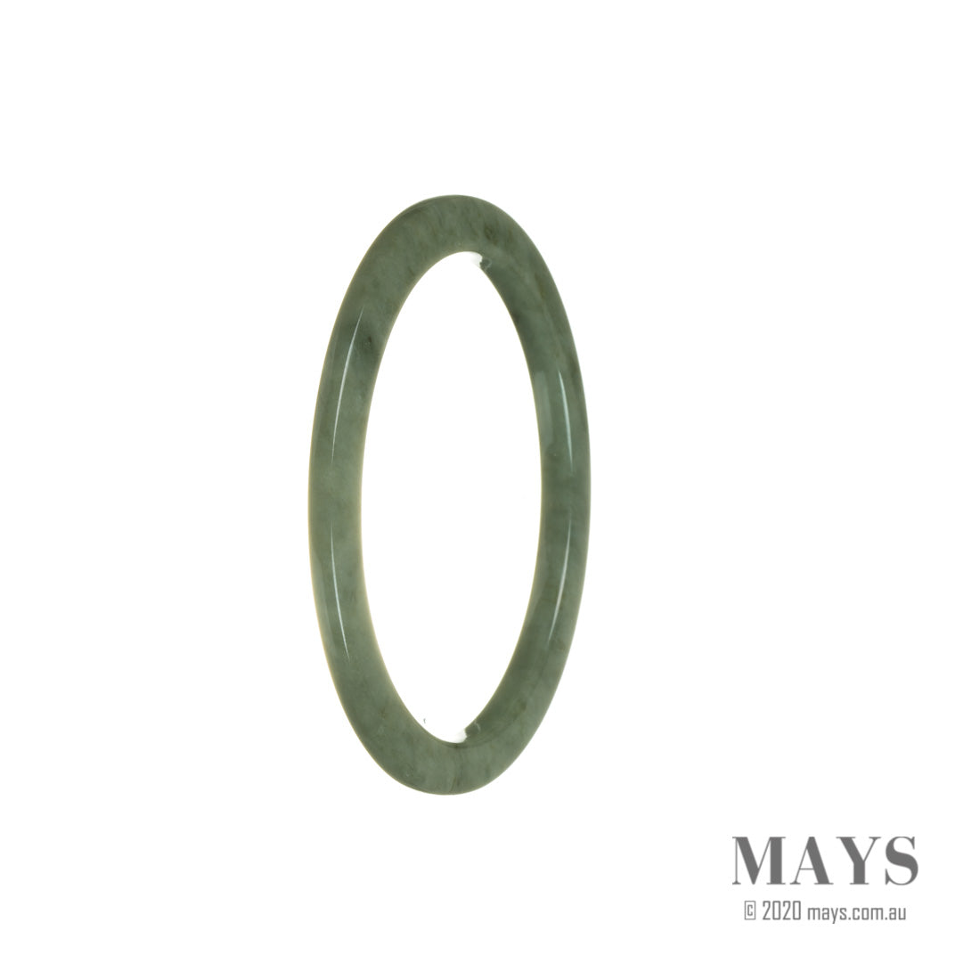 A close-up image of a delicate, thin green jadeite bracelet. The bracelet is made of genuine, untreated jadeite, showcasing its natural beauty. The jadeite beads are polished and smooth, reflecting light with a vibrant green hue. The bracelet has a 56mm circumference, making it a dainty and elegant accessory. It is a MAYS product, known for their high-quality jadeite jewelry.