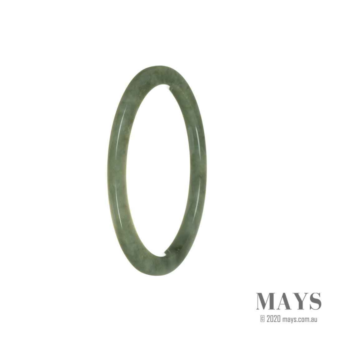 A close-up photo of a delicate, thin bangle bracelet made of genuine natural green Burma jade. The bracelet has a smooth, polished surface and measures 56mm in diameter. The jade has a beautiful green color, with varying shades and patterns. The bracelet is simple yet elegant, making it a perfect accessory for any occasion.