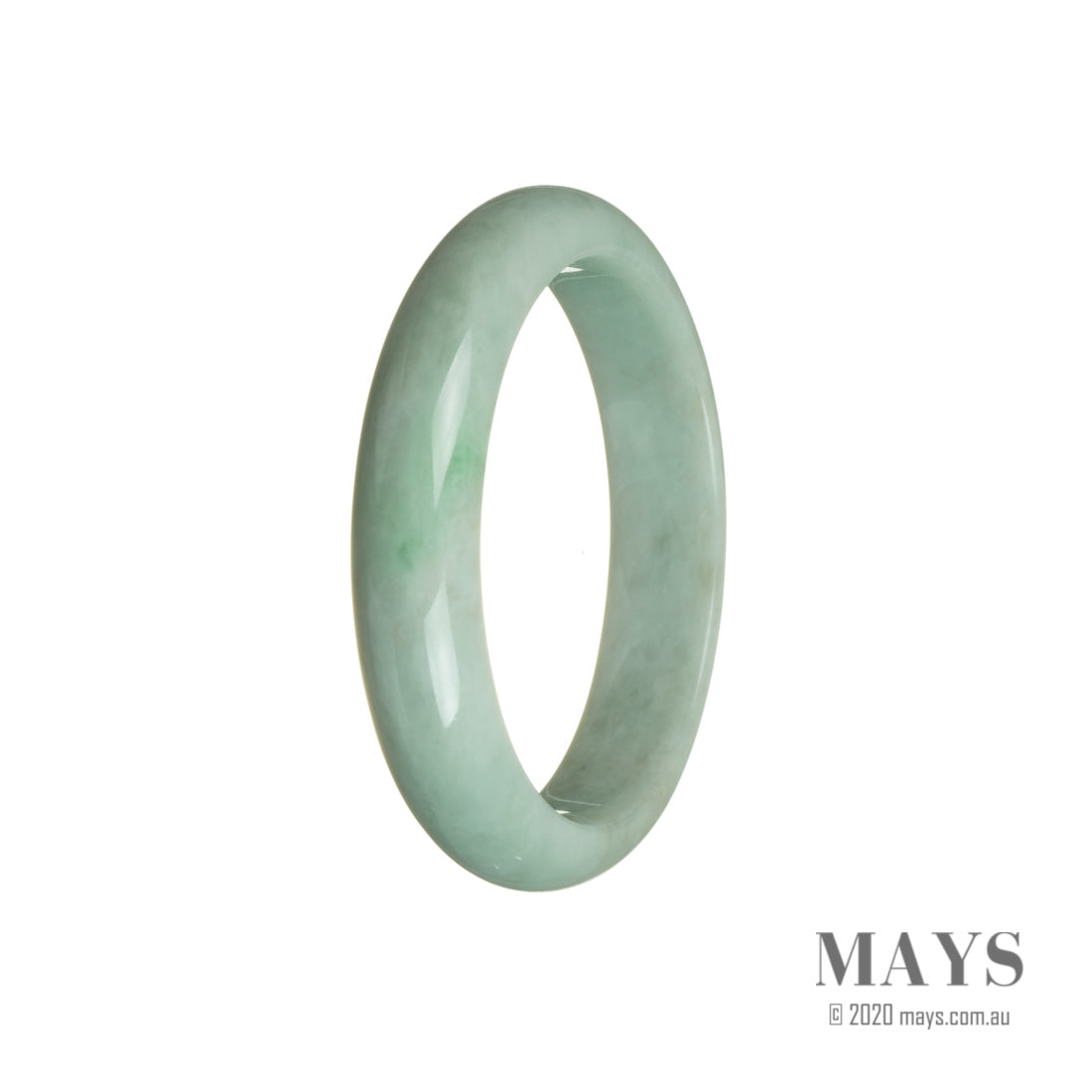 A close-up image of a beautiful green jade bangle bracelet. The bracelet is made from genuine Grade A Green Burma Jade and has a unique half-moon shape. It measures 59mm in diameter. This exquisite piece of jewelry is offered by MAYS GEMS.