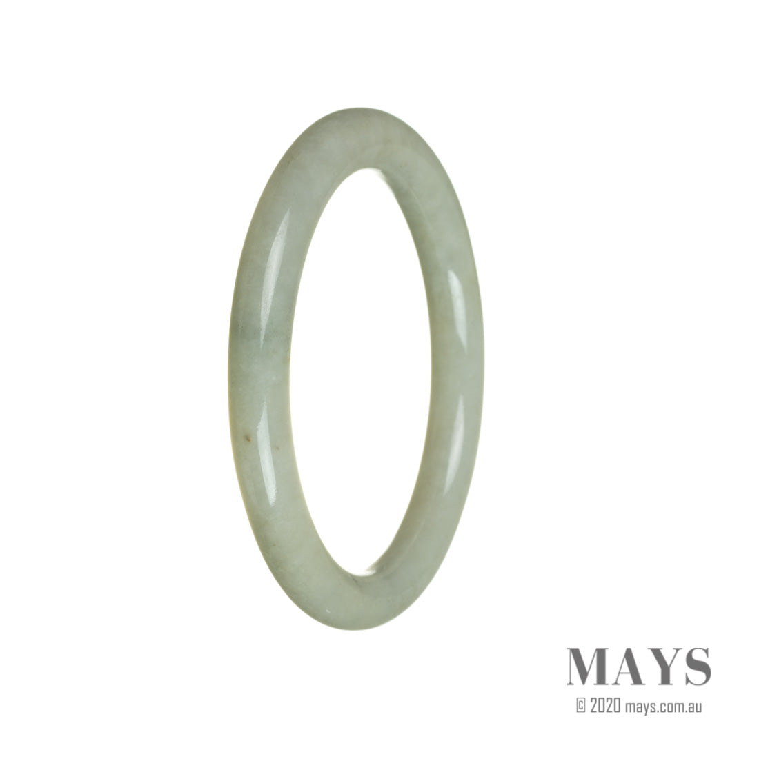 A light green Burmese jade bangle with an oval shape, measuring 60mm. Sold by MAYS GEMS.