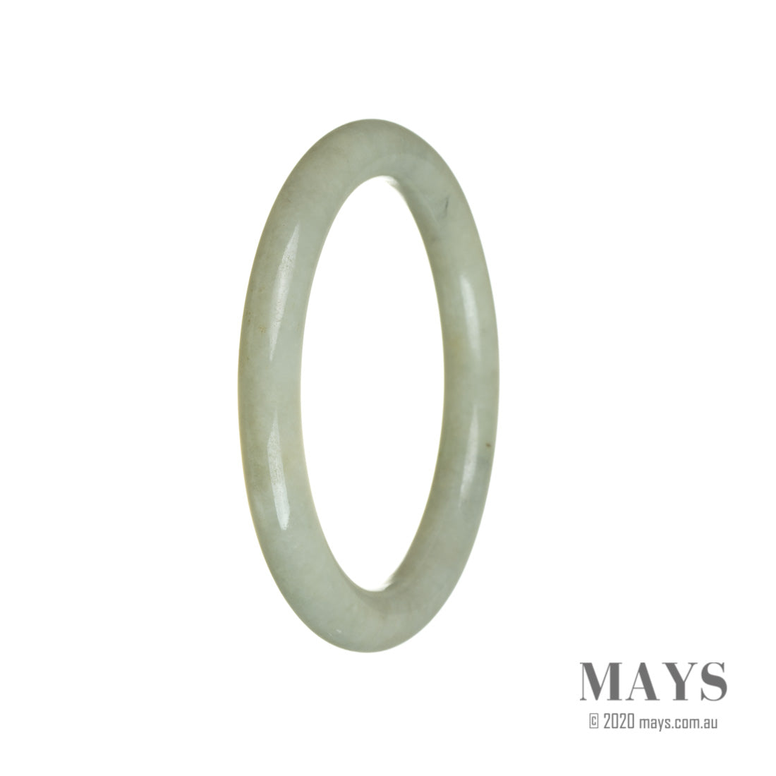 A real untreated light green jade bangle, oval-shaped, measuring 60mm in diameter. Offered by MAYS™.