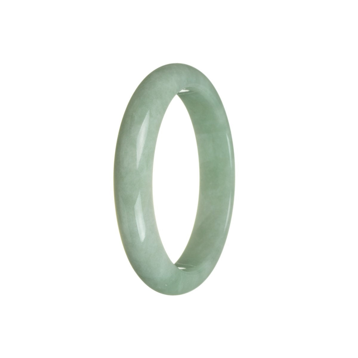 A stunning, half moon-shaped Real Grade A Green Jadeite Jade Bangle, measuring 58mm. Expertly crafted by MAYS GEMS.