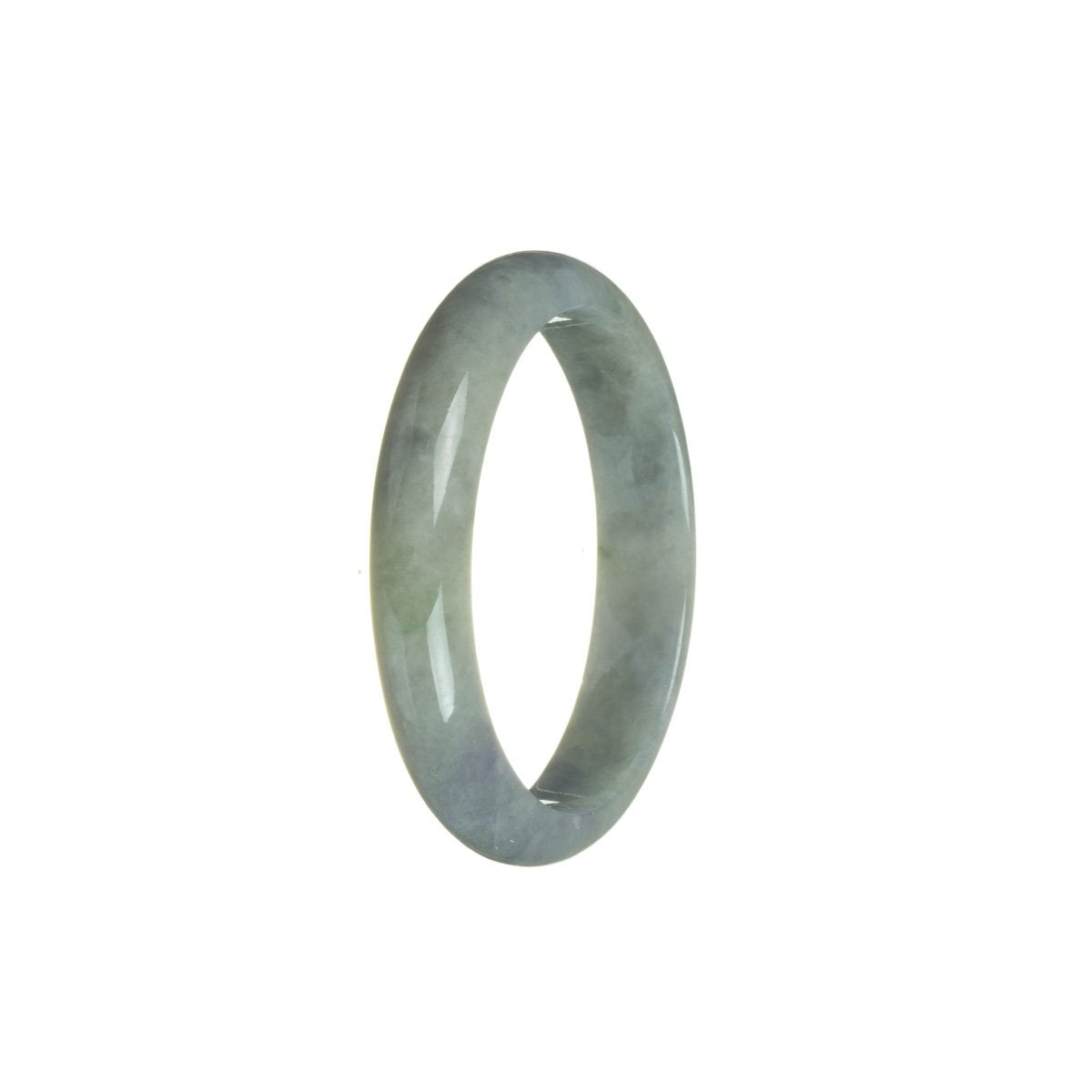 A half-moon shaped, 52mm Burmese Jade bangle with authentic Type A Green color, featuring beautiful lavender and grey tones. Handcrafted by MAYS™.