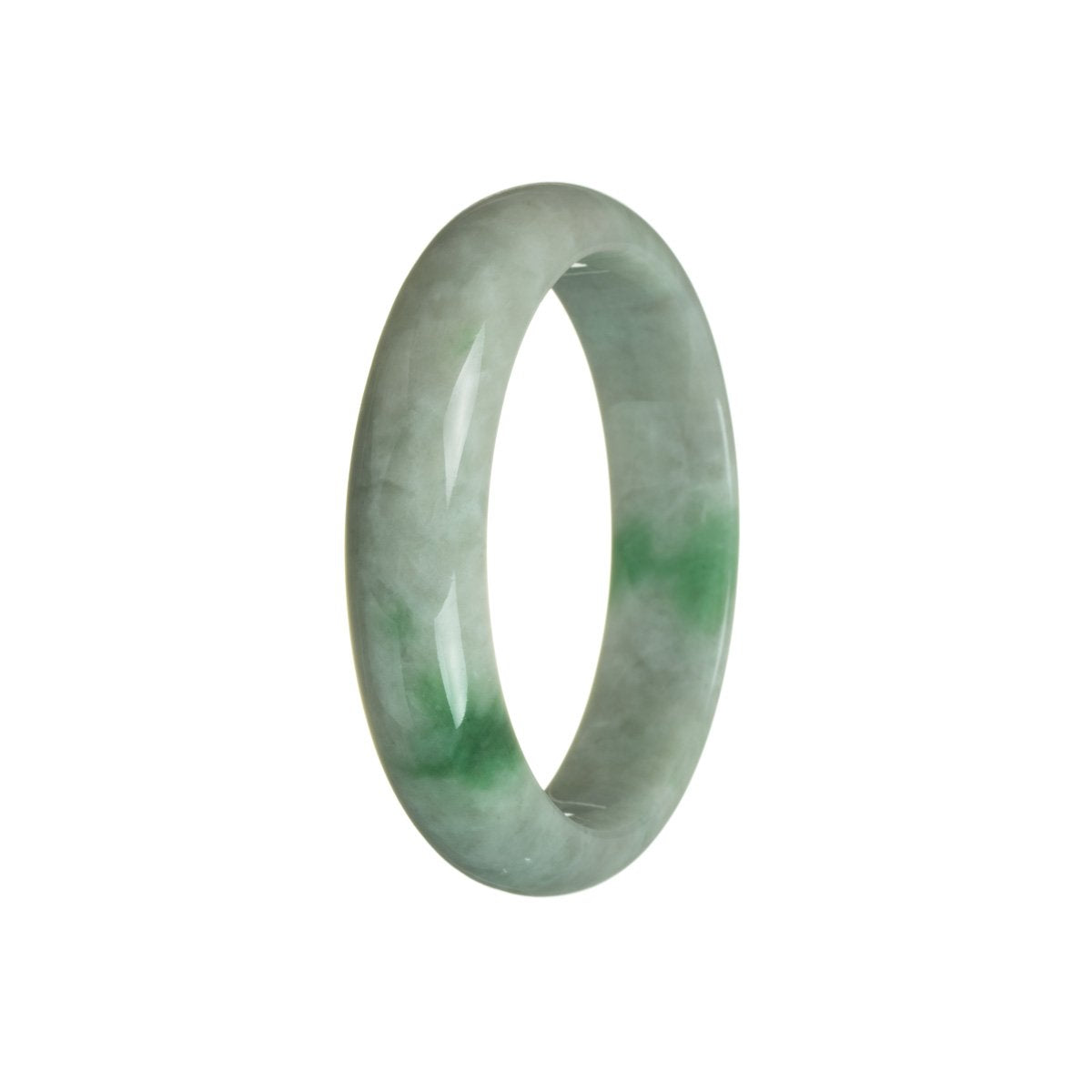 A close-up image of a light grey bracelet made of certified Grade A green jadeite. The bracelet is in the shape of a half moon and measures 58mm in diameter. It is a stylish piece of jewelry from the brand MAYS.