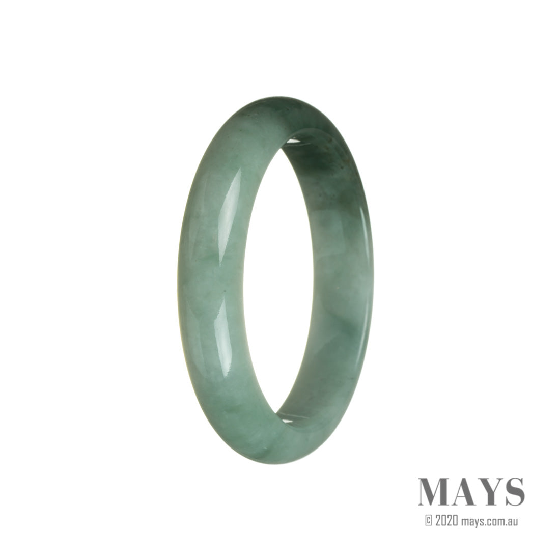 A close-up shot of a vibrant green jade bracelet with a half-moon shape. The bracelet is made from genuine Grade A Burmese jade and measures 58mm in size. It is a stunning piece of jewelry by MAYS.