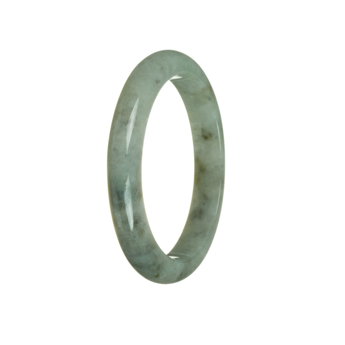 A close-up photo of a beautiful bracelet made of grey and green jadeite jade, shaped like a half moon, with a diameter of 60mm.
