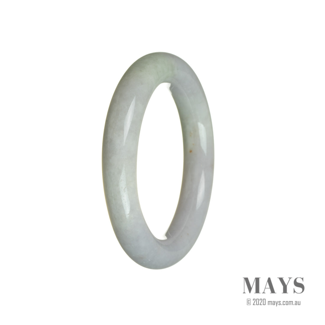 A round traditional jade bangle in lavender with green accents, certified as Type A. The bangle measures 54mm in diameter and is a product of MAYS™.
