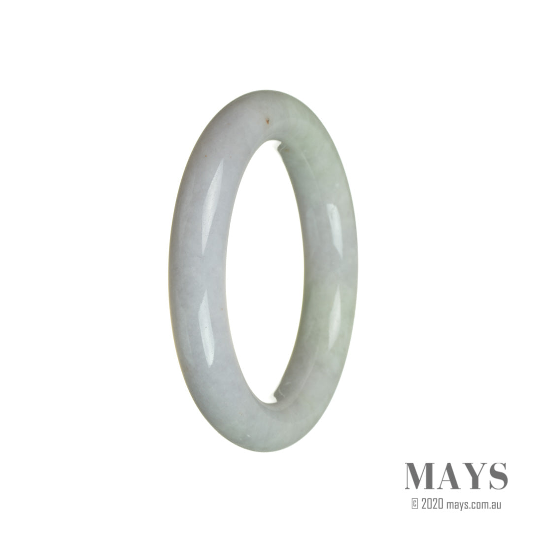 An image of a round traditional jade bracelet with lavender and green colors.